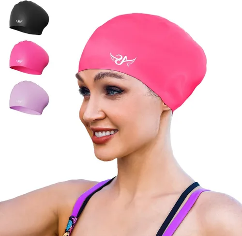 Miniatura 10 de Angel season Gorros de natación para mujer, de silicona, rizado, mediano y largo, diseño ergonómico para adultos, mantiene el cabello seco