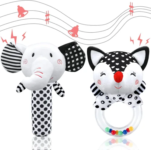 Sonajeros y juguetes para bebés, de 0 a 3 meses, juguetes de peluche de alto contraste en blanco y negro para bebés Negro y blanco-5
