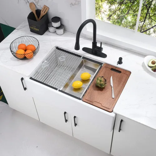 Miniatura 3 de Fregadero de cocina de arcilla refractaria de 33 pulgadas, 33 x 20 pulgadas, color blanco, delantal frontal de cerámica de porcelana de campo