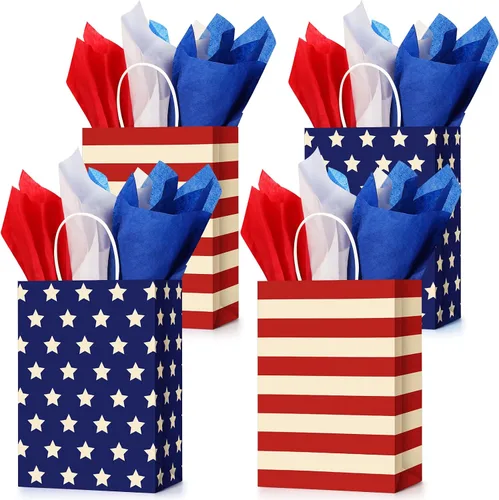 Miniatura 8 de Tisancy 30 bolsas de regalo patrióticas con asa con 30 piezas de papel de seda rojo, blanco y azul, 4 de julio, bandera estadounidense, bolsas