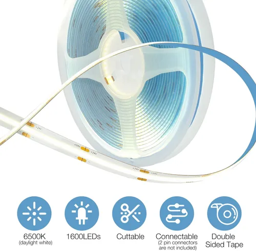 Miniatura 5 de DAYBETTER Tira de LED COB, 16.4 pies de tira de luces LED blancas, tira de luz LED regulable 6500K blanco brillante del día, 24V, 1600LEDs, cinta