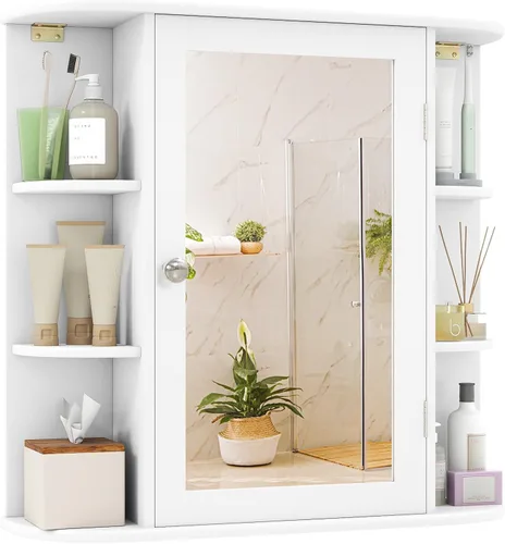 Miniatura 11 de Tangkula Botiquín de baño con espejo, almacenamiento para el hogar montado en la pared con puerta y 6 estantes abiertos, estantes ajustables, Negro