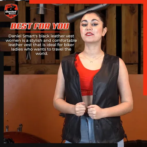 Miniatura 7 de Daniel Smart Motorcycle Vest for Women Open Neck Leather Vest with Unique Design and Inside Carry Pockets