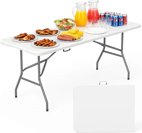 Miniatura 18 de Mesa Plegable de 6 Pies de Plástico Resistente Plegable con Asa de Transporte para Fiesta de Jardín, Picnic, Camping, Barbacoa, Comedor, Cocina