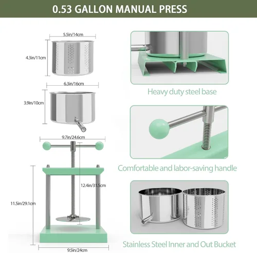 Miniatura 6 de Prensa de vino manual EJWOX verde con asa superior de 0.53 galones - Prensa de acero inoxidable para frutas y hierbas para jugo, sidra, tintura