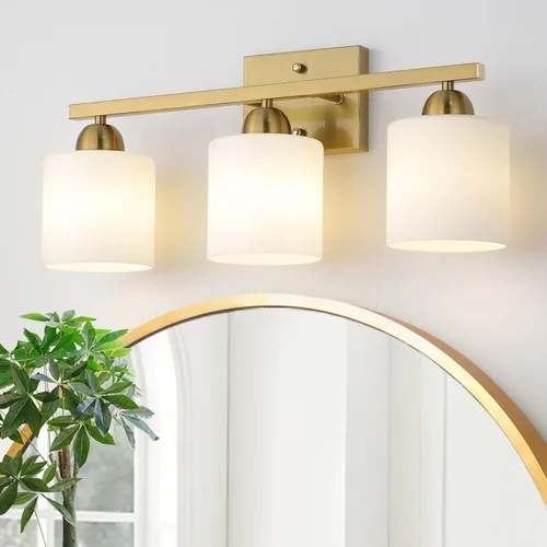 Miniatura 22 de Mecgirn Luces de tocador de vidrio de leche de acero inoxidable para baño, 2 lámparas de baño doradas claras sobre espejo, enchufes E26 de cerámica
