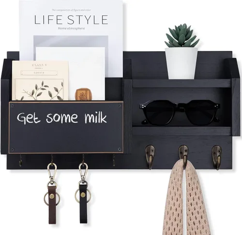 Miniatura 7 de Lwenki Soporte para llaves y correos – Colgador de pared para llaves con estante y 7 ganchos de metal – Organizador decorativo de entrada de madera