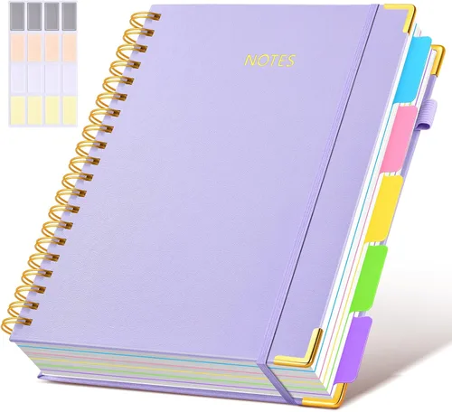 Miniatura 55 de Cuaderno universitario de espiral con tapa dura de cuero de 8 x 10 pulgadas, con pestañas separadoras extraíbles, para 5 materias, a rayas; diario