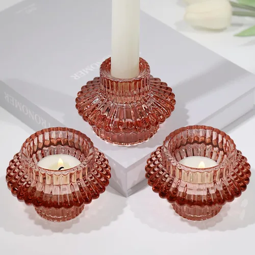 Miniatura 7 de Juego de 3 portavelas reversibles, cónicos de cristal rojo y candelita para centro de mesa, boda, fiesta, decoración del hogar Marrón rojizo