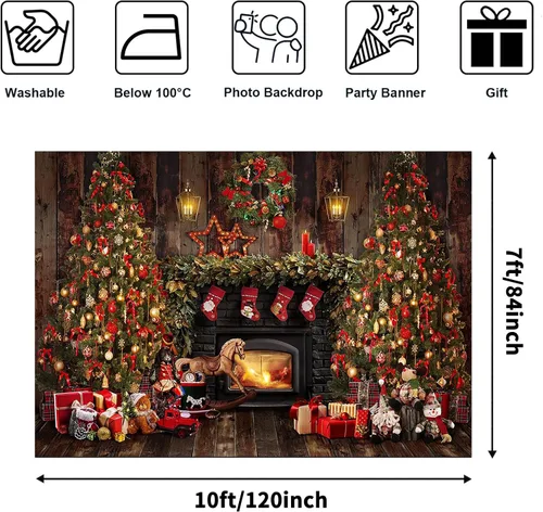 Miniatura 3 de Avezano Telones de fondo de Navidad para fotografía, madera rústica, chimenea, telón de fondo de fotos, árbol de Navidad, decoración de regalo