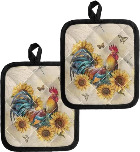 Miniatura 26 de UNICEU Porta ollas de mariposa con diseño de gallo, 2 paquetes para cocina, hornear, parrilla, cocinar, resistentes al calor, almohadillas calientes