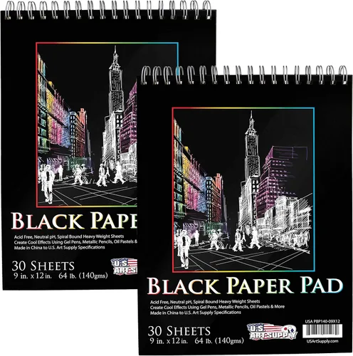 U.S. Art Supply Cuaderno de bocetos de papel negro de alta calidad de 9 x 12, 64 libras (4.94 oz/m²), paquete de 2, 30 hojas, encuadernado en