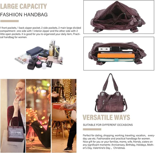 Miniatura 41 de Angel Barcelo - Bolsa de hombro amplia para mujer, diseño Hobo, cuero lavado