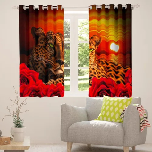 Miniatura 5 de Erosebridal Cortinas de Rosas Rojas 3D Tratamientos para Ventanas de Guepardo, Paneles de Cortinas con Estampado de Gato Leopardo para Sala
