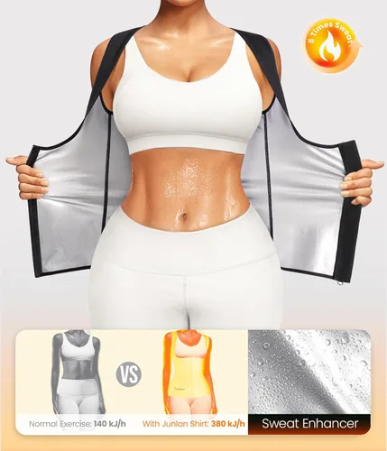 Miniatura 3 de Junlan Traje de sauna para mujer, chaleco entrenador de cintura para mujer, camiseta sin mangas moldeadora para sudar para mujer con cremallera Negro