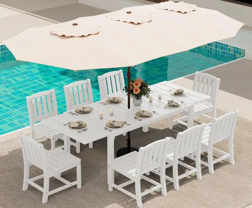 Miniatura 60 de SERWALL Juego de comedor para exteriores de 9 piezas, mesa de comedor expandible de 60 a 83 pulgadas y 8 sillas de polietileno de alta densidad