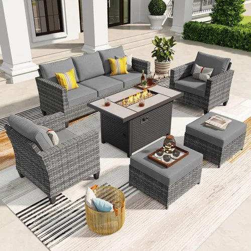 Miniatura 17 de ovios Juego de muebles de patio de 7 piezas con mesa cuadrada para hoguera, sillas mecedoras giratorias, juego de conversación de mimbre de respaldo