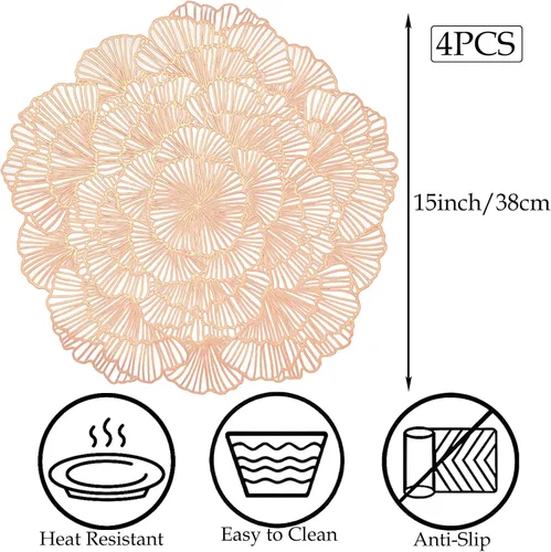 Miniatura 7 de Juego de 4 manteles individuales redondos de vinilo metálico con diseño de flores de oro rosa, manteles individuales para mesa de comedor, cocina