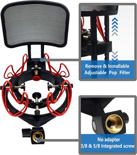 Miniatura 3 de SUUNTOK Soporte de choque de micrófono con filtro pop Soporte de choque universal para micrófonos Tamaño de 0.827-2.441 in Clip de soporte