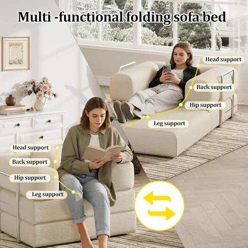 Miniatura 3 de Sofá individual para espacios pequeños, sofá convertible 2 en 1, cómodo puf para adultos con funda extraíble con almohadas para dormitorio, Beige