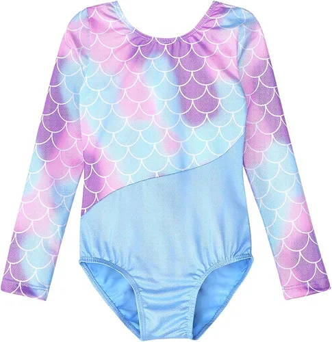 Belovance Leotardos para niñas, gimnasia, ballet, baile, manga larga, brillante, sirena, mariposa, azul, rosa, Azul, verde