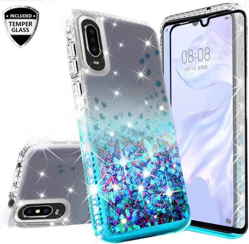 Funda compatible con Huawei P30, con [protector de pantalla de vidrio templado] SOGA Diamond Liquid Quicksand Cover Cute Girl Women Phone Case -