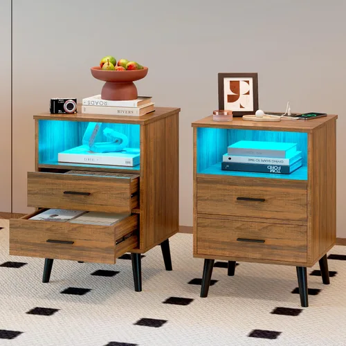 Miniatura 19 de LVSOMT Mesita de noche negra para dormitorio con estación de carga y luces LED, moderna mesita de noche con cajón oculto, mesita de noche