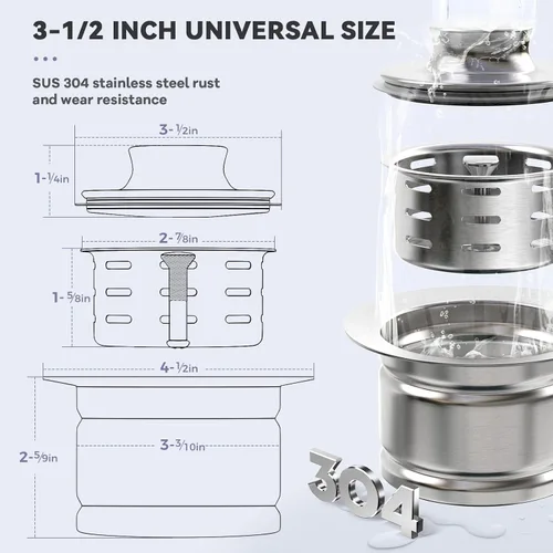 Miniatura 6 de KONE Brida extendida de eliminación de basura con colador y tapón, brida de fregadero extendida de acero inoxidable 304 profundo para drenaje