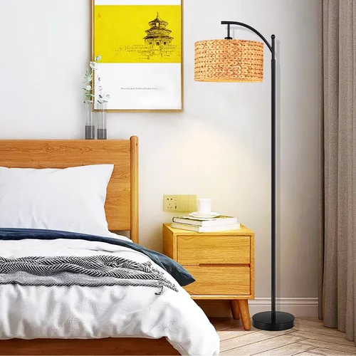 Miniatura 9 de QIYIZM Lámpara de pie para sala de estar, dormitorio, estilo granja, arco, ratán, boho, lámpara de pie con control remoto regulable, pantalla