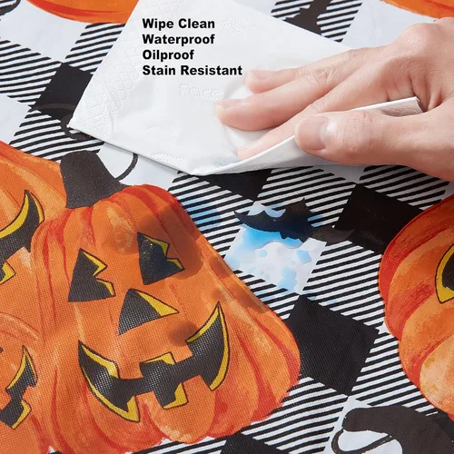 Miniatura 7 de Newbridge Mantel de vinilo con parte trasera de franela de Halloween Jack O Lantern Pumpkin Farm, diseño de calabazas y murciélagos a cuadros negros