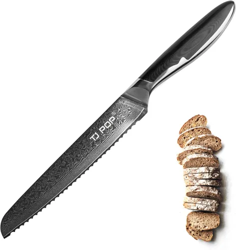 Miniatura 9 de TJ POP Cuchillo de tallado de Damasco para carne, cuchillo profesional de 8 pulgadas, diseño de espiga completa, hoja de acero japonesa VG-10, mango