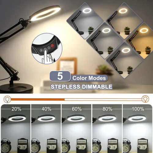 Miniatura 4 de Lupa 12X con luz, botón de actualización Krstlv 5 modos de color, regulable 2 en 1, lámpara de escritorio con luz LED 2 en 1, lupa manos libres