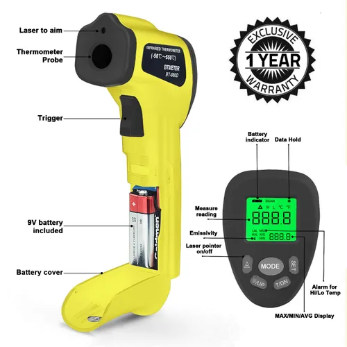 Miniatura 3 de BTMETER BT-980D D:S - Termómetro infrarrojo industrial de mano 12:1, pistola de temperatura láser digital sin contacto para -58℉ a 1022℉
