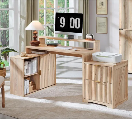 Miniatura 8 de JXQTLINGMU Escritorio ejecutivo moderno de 58 pulgadas con almacenamiento, escritorio de madera para oficina en casa con 5 cajones y 1 gabinete