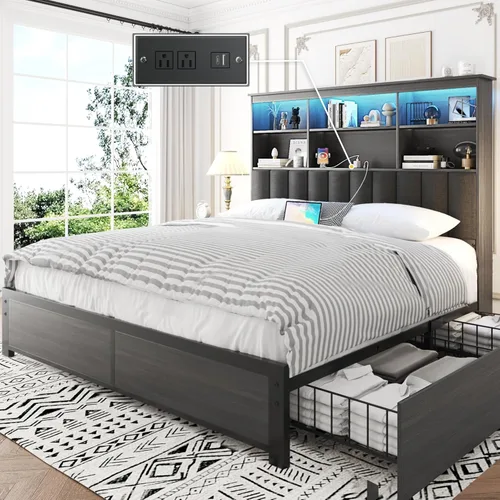 Lifezone Bastidor de cama Queen con cabecera, base de cama Queen con estante de almacenamiento alto con cabecera, 4 cajones de almacenamiento y gris