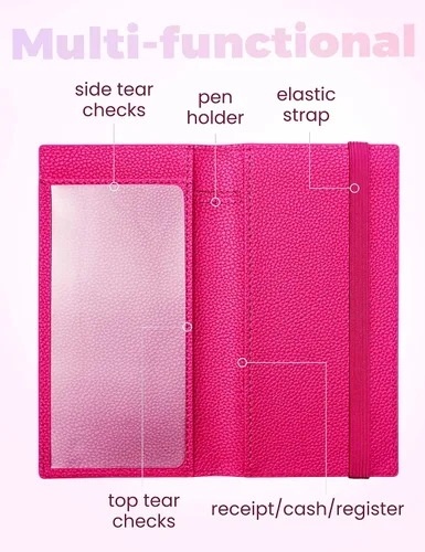 Miniatura 14 de Yarnic Funda para chequera personal, soporte para chequera con soporte para bolígrafo y divisor de plástico transparente integrado para cheques Rosa