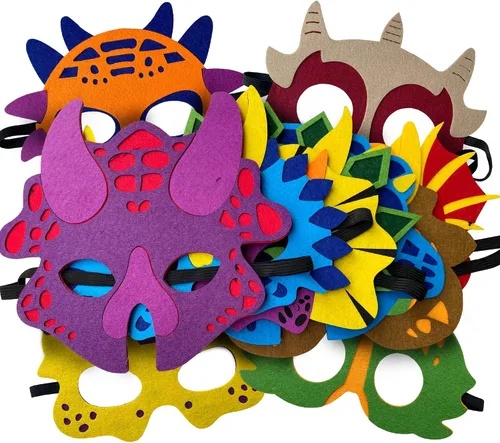 Miniatura 7 de TEEHOME Máscaras de dinosaurio para fiestas (24 paquetes) de fieltro y elástico para niños, decoraciones de fiesta de dinosaurios con 24 máscaras