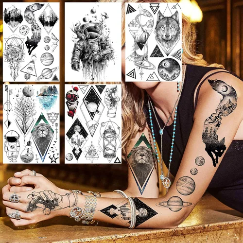 Miniatura 4 de NEZAR - 6 hojas con tatuajes temporales e impermeables, con diseño de planetas geométricos en 3D, estrellas y luna, montaña, para el antebrazo