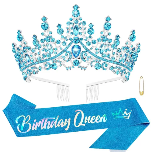 Atoden Tiara azul banda de reina de cumpleaños corona tiaras coronas para mujeres y niñas, diadema de princesa de cristal, diadema de diamantes de