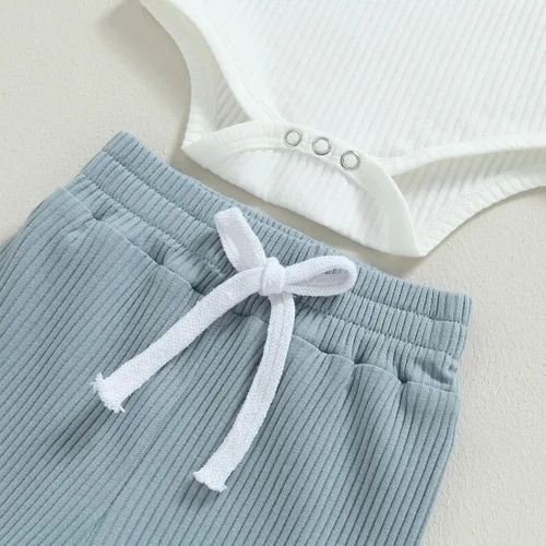 Miniatura 5 de Ropa de bebé recién nacido, ropa de punto acanalado, manga larga, pantalones de algodón sólido, trajes de otoño e invierno, 2 piezas