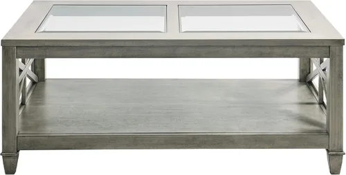 Miniatura 4 de Mesa de centro de madera maciza con tapa de vidrio templado, mesa rectangular para sala de estar con estante de almacenamiento de 2 neumáticos, mesa