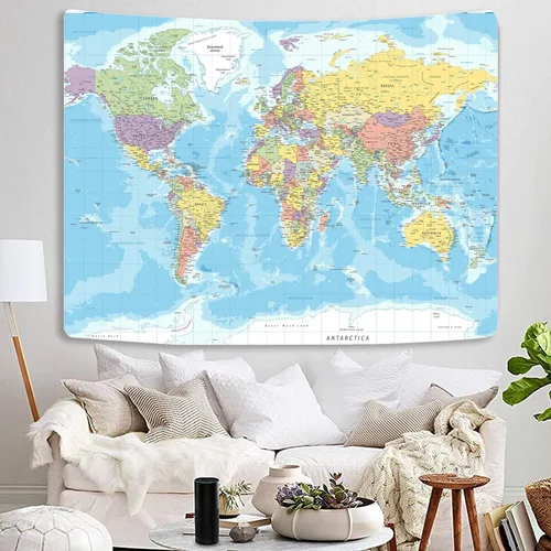 TOMOZ Tapiz de mapa del mundo para colgar en la pared para niños y estudiantes, mapa del mundo con países y ciudades principales, tapiz educativo