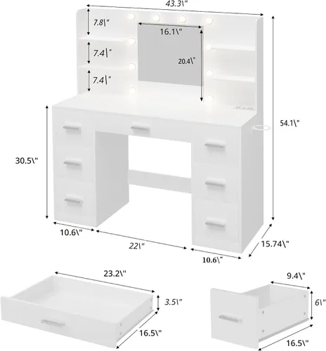 Miniatura 7 de Furmax - Escritorio de tocador con espejo, luces LED y toma de corriente, mesa de maquillaje con 7 cajones y 6 estantes de almacenamiento, mesa