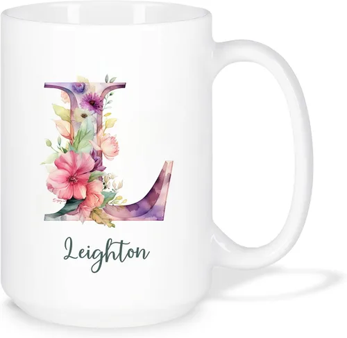 Miniatura 20 de Taza de café personalizada de la letra A del alfabeto, Taza de café blanca con nombre personalizado único, Taza inicial de monograma floral