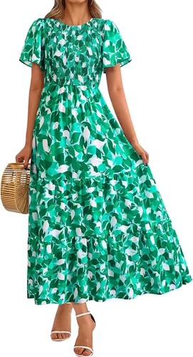 Miniatura 29 de PRETTYGARDEN - Vestido largo casual de verano para mujer, manga corta acampanada, bohemio, floral, cuello redondo, vestido blusón, escalonado