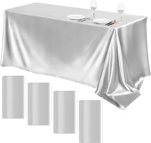 Miniatura 16 de TURSTIN Paquete de 4 manteles de satén negro de 102 x 58 pulgadas, mantel rectangular de seda brillante, tela suave, decoración de mesa para bodas