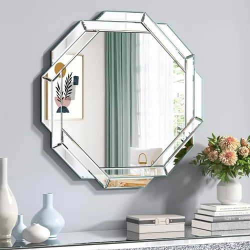 Miniatura 8 de Espejo de baño dorado de 20 x 20 pulgadas, espejo de pared helicoide decorativo, con borde biselado hexagonal sin marco para pared, baño, tocador