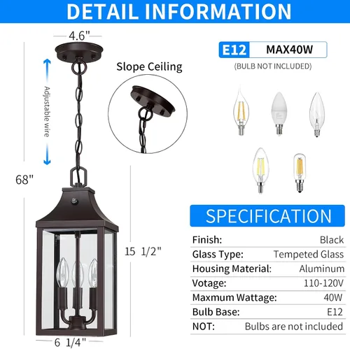 Miniatura 7 de Lámpara colgante grande de 15.5 pulgadas para exteriores, 3 luces, del atardecer al amanecer, lámpara colgante para exteriores, lámpara colgante