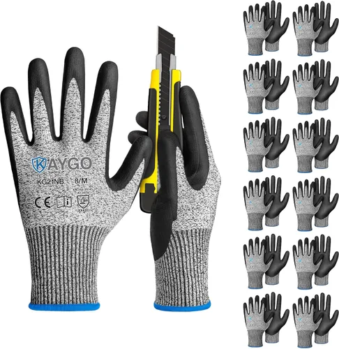 KAYGO 12 pares de guantes de trabajo resistentes a cortes para hombres y mujeres, guantes de corte ANSI A3, guantes de trabajo de seguridad de Gris