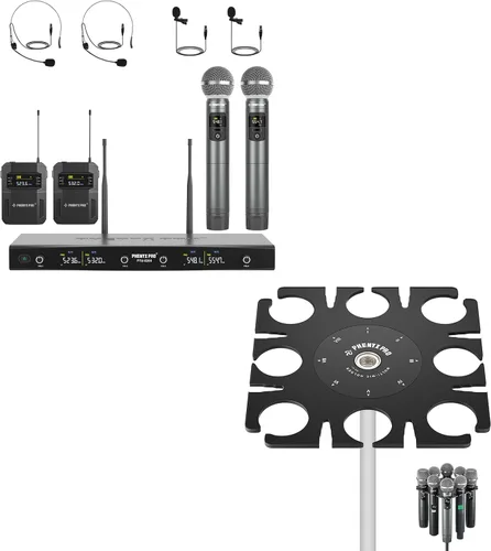 Phenyx Pro Sistema de micrófono inalámbrico PTU-5200-2H2B incluido con soporte de micrófono múltiple de 8 ranuras MA-H1